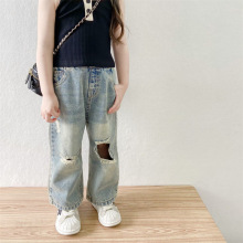 女童怀旧破洞牛仔裤2025夏季新款韩版男女孩潮范复古牛仔长裤薄款