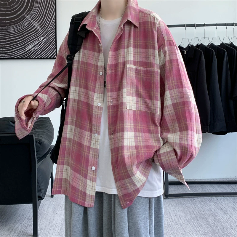 Гонконгский стиль японский шлифовальный повседневный клетчатый рубашка мужской с длинными рукавами