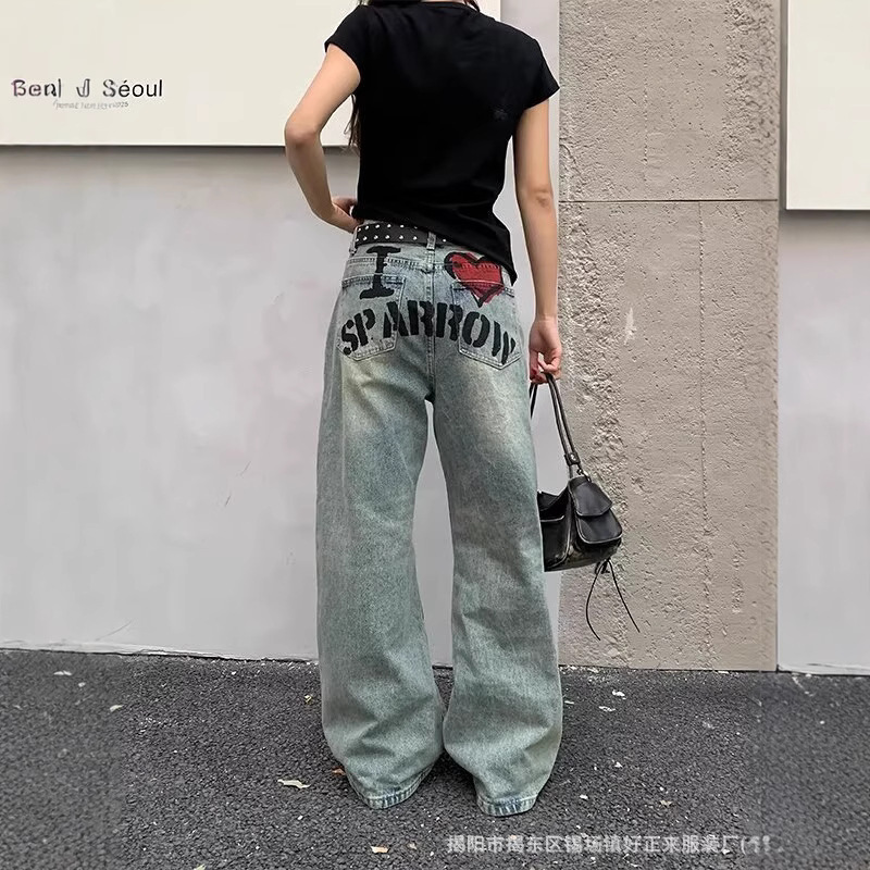 American Retro Heart Letter Graffiti Jeans for Women 2025 Autumn Washed Distressed Printed Low-Waist Wide-Leg Straight Pants