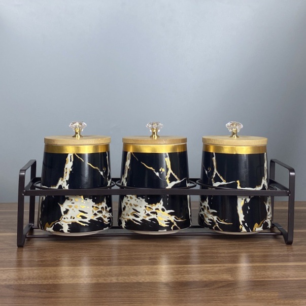 Tanque de condimento de cerámica, tanque de sellado de cocina nórdica, cubierta de madera, tanque de almacenamiento de granos domésticos, conjunto de tanques de almacenamiento de cerámica de lujo ligero