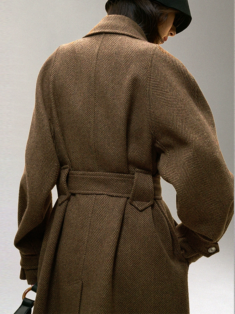 Зимнее японское шерстяное пальто для отдыха - поясной relaxed-fit жакет в классическом узоре «елочка»
