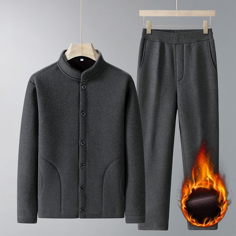 Middle-Aged and Elderly Men's Suits, Dad's Suits, Autumn and Winter Velvet Thickeneded Cardigans, Stand-Up Collar Warm Jackets, Casual Sportswear