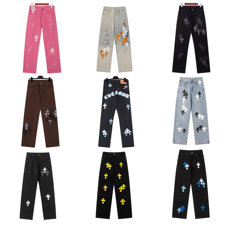 Correct Version Ch Crow Cross Leather Label Washed Jeans Couple Street Loose Denim Pants Wholesale