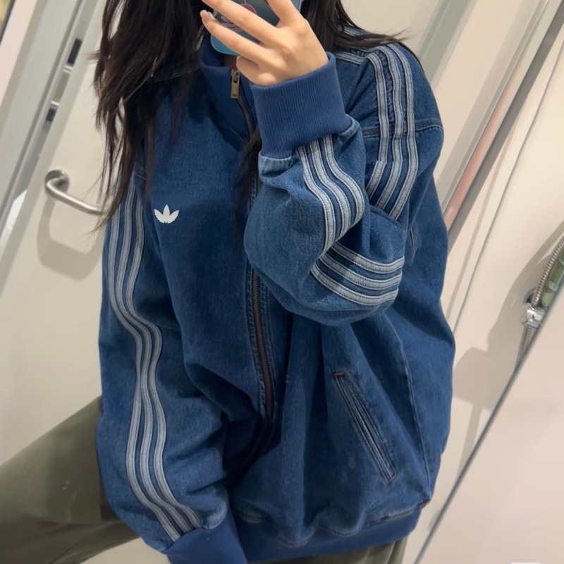 Clover Denim Jacket for Autumn and Winter, Unisex, Embroidered Logo, Stand-up Collar, Vintage Three-Stripe Denim Jacket 6233