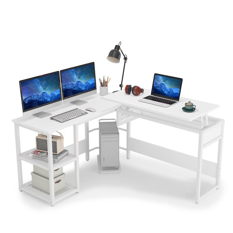 Corner Home Office Desk with File Drawer, Adjustable Height with Lift Top, L-Shaped Computer Desk with Storage Shelf, Trendy