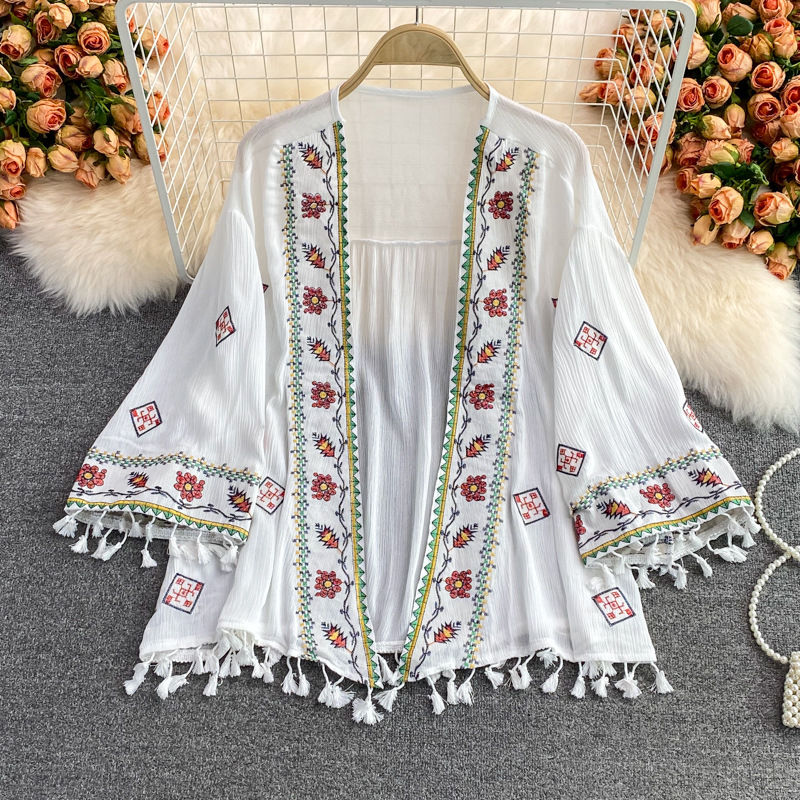 Dames bohemian artistieke retro chiffon cardigan zonder kraag, losvallend kanten shirt, lente 2023, gratis verzending_voghion.com