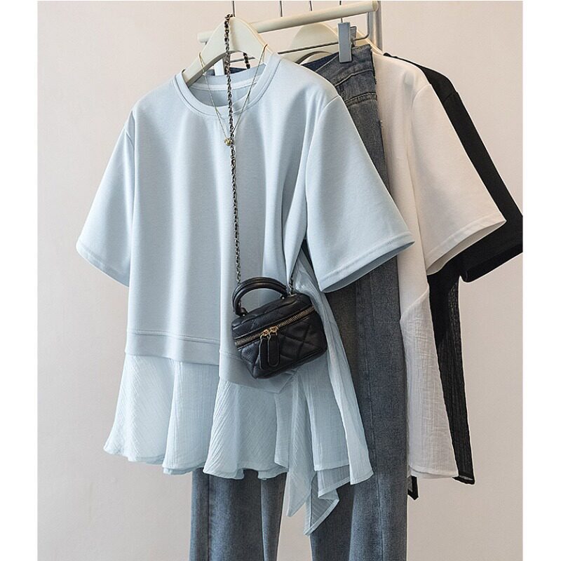 Women's Summer New Style Oversized Short-Sleeve T-Shirt, Slimming Faux Two-Piece Chiffon Hem Top for Slightly Plump Figures 120kg Women's Summer New Style Oversized Short-Sleeve T-Shirt, Slimming Faux Two-Piece Chiffon Hem Top for Slightly Plump Figures 120kg