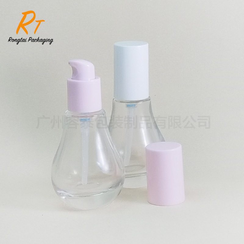 新款 30ml小灯泡精华液瓶 按压式乳液瓶水滴形原液分装玻璃瓶包材|undefined