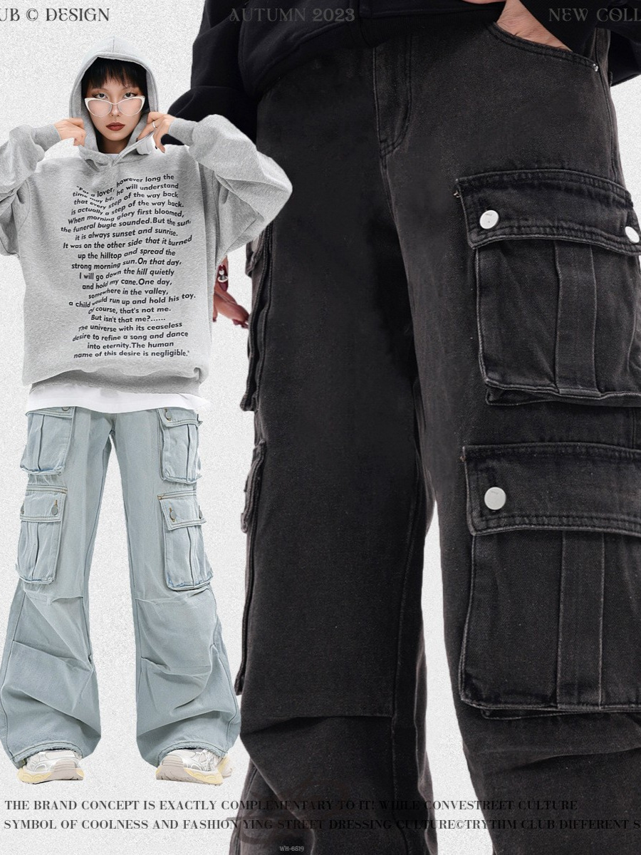 WHOOWAP American washed jeans vintage de pierna ancha recta azul pantalones sueltos multibolsillos