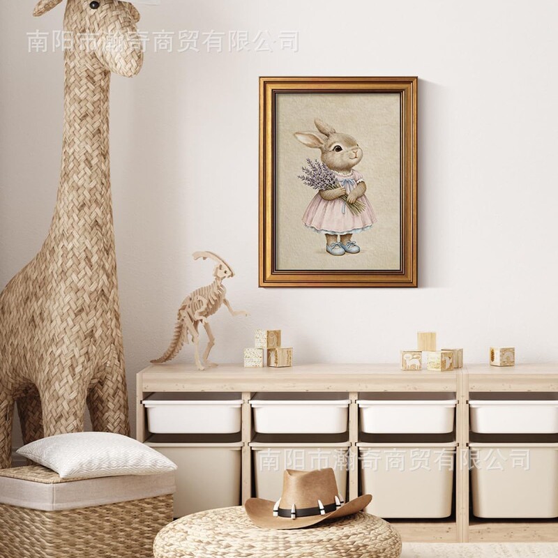 Pink Dress Easter Bunny Oil Painting Poster Cross-Border Creative Country-Style Living Room Decorative Painting Bedroom Wall Art