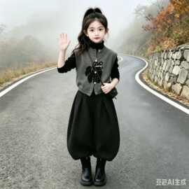 女童套装2026春秋小女孩卡通毛衣马甲打底衫波点阔腿裤森系三件套