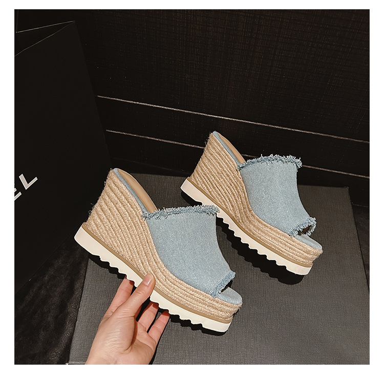 Sandal cao gót nữ hở mũi chất liệu denim, đế xuồng bện cói, gót cao 9 cm — Cao bồi xanh chi tiết 20