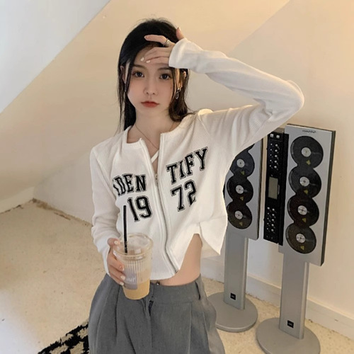 Letter printed short zipper cardigan coat for women's new loose slimming long-sleeved T-shirt niche hot girl top
