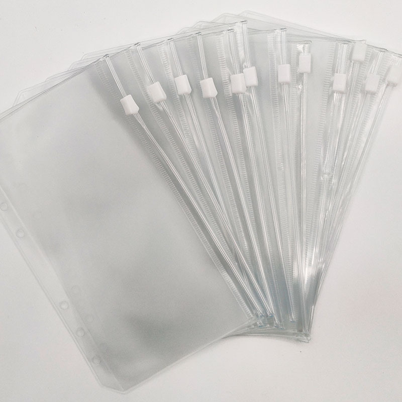 Bolsa de almacenamiento con cremallera para planificador de hojas sueltas A5A6, con separador de papel de 7 pulgadas y 6 agujeros, con etiquetas en inglés.