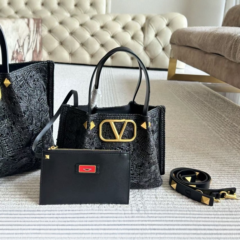 华伦V字标高级时尚刺绣女包手提购物袋编织托特包单肩手拎包轻奢|undefined