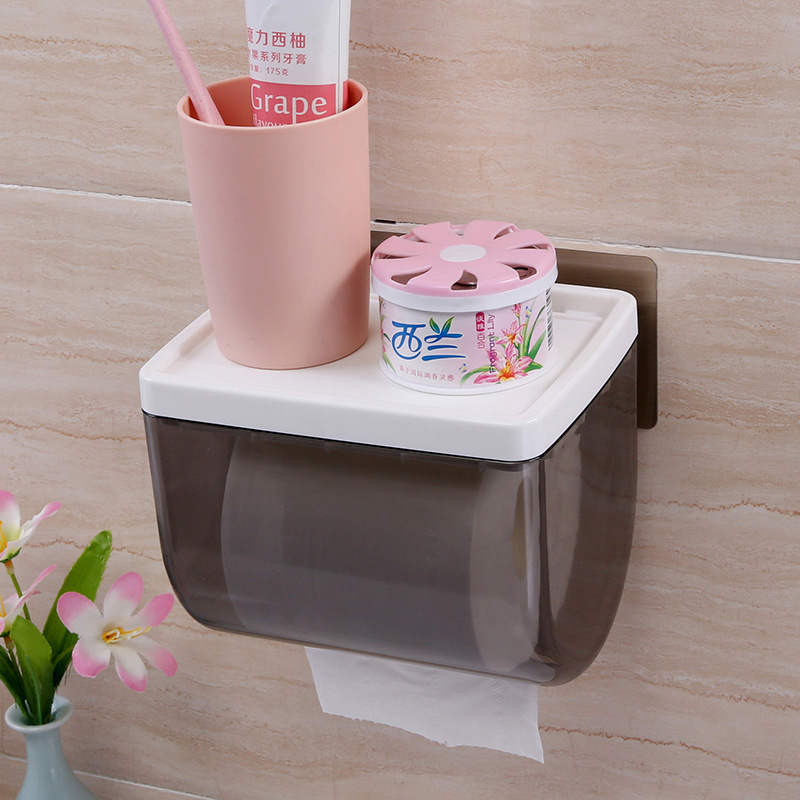 Caja de pañuelos para baño, portarrollos de papel sin perforaciones, caja de almacenamiento impermeable para inodoro, estante de almacenamiento de papel higiénico montado en la pared