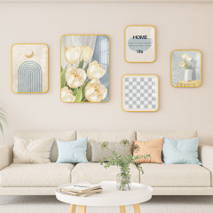 現代簡約奶油客廳裝飾畫掛畫抽象組合畫沙發背景牆植物花卉壁畫