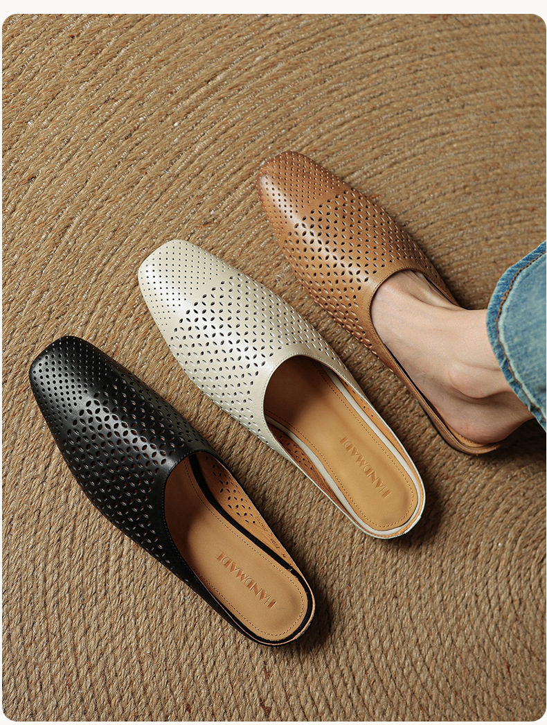 Giày mule nữ da bò mũi vuông đế bệt hở gót kiểu mới — đen chi tiết 7