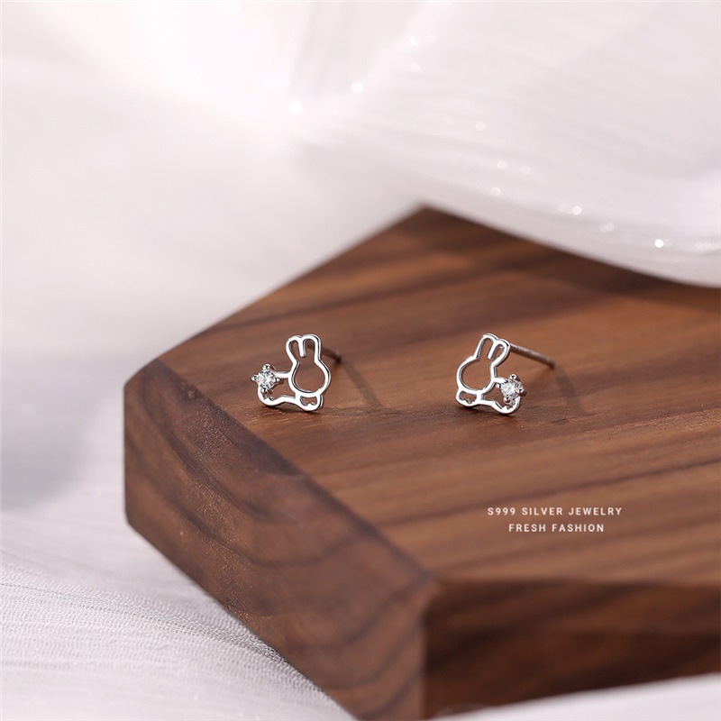 Rabbit Stud Earrings Silver Diamond Studded French Style Jewellery_voghion.com
