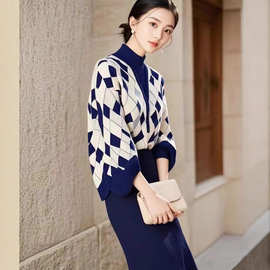 2025复古简约菱格子撞色毛线针织杉女春秋季宽松外穿小香风针织