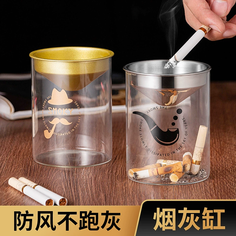 Оптовая Продажа с фабрики ветрозащитная Стеклянная Воронка для золы с крышкой цилиндр против летучей пыли Бытовая личность мультяшный узор пепельница украшения