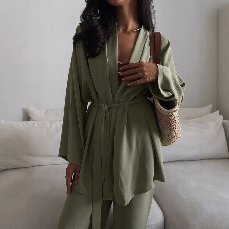 Cross-Border New Simple Design Suit Women's Waist Tie Cardigan Trousers Foreign Trade Autumn Casual Home Two-Piece Set Cross-Border New Simple Design Suit Women's Waist Tie Cardigan Trousers Foreign Trade Autumn Casual Home Two-Piece Set
