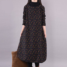 2024秋冬新款韩版宽松大码女装中长款加绒加厚高领小碎花连衣裙女