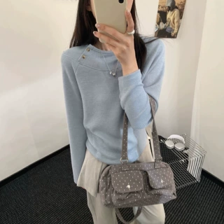 秋季韩系休闲时尚简约纯色净版设计感正肩连帽长袖T恤帽衫女1145