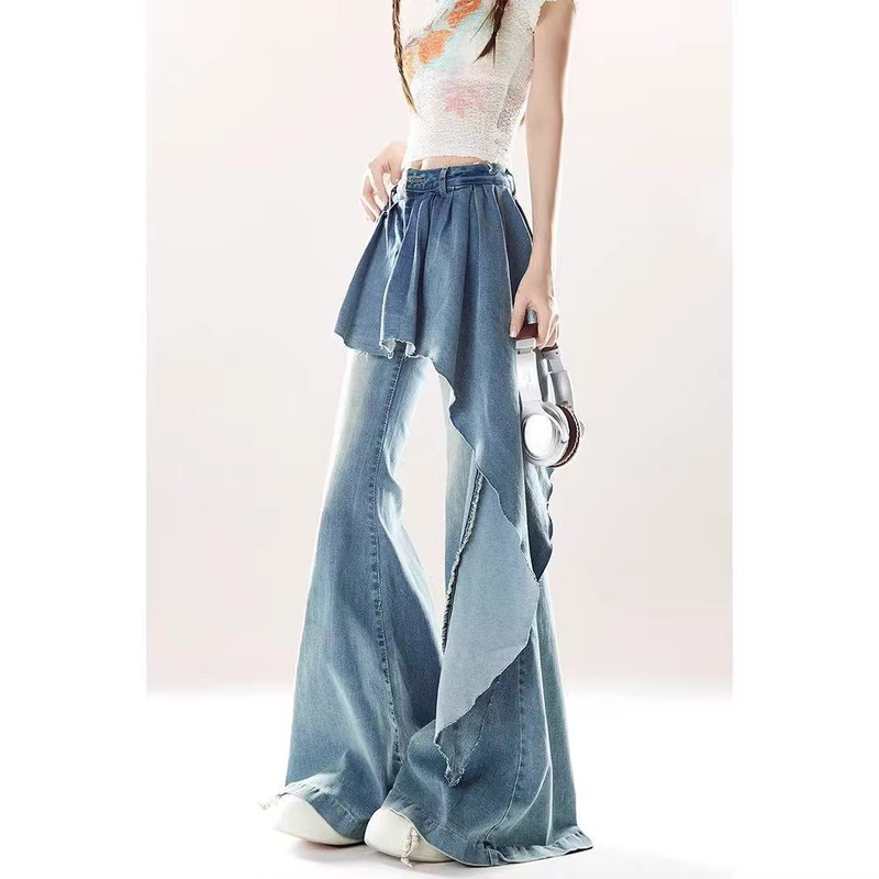 Irregular Design Skirt-Style Faux Two-Piece Jeans for Women, 2026 Spring New Slim-Fit Flared Pants