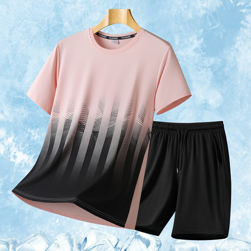 Gran tamaño de verano traje deportivo casual hombre suelto hielo mangas cortas camiseta de hombre pantalones cortos de moda guapo conjunto de dos piezas
