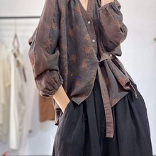文艺棉麻印花衬衣女大码国风女装宽松领上衣女长袖民族风衬衫女