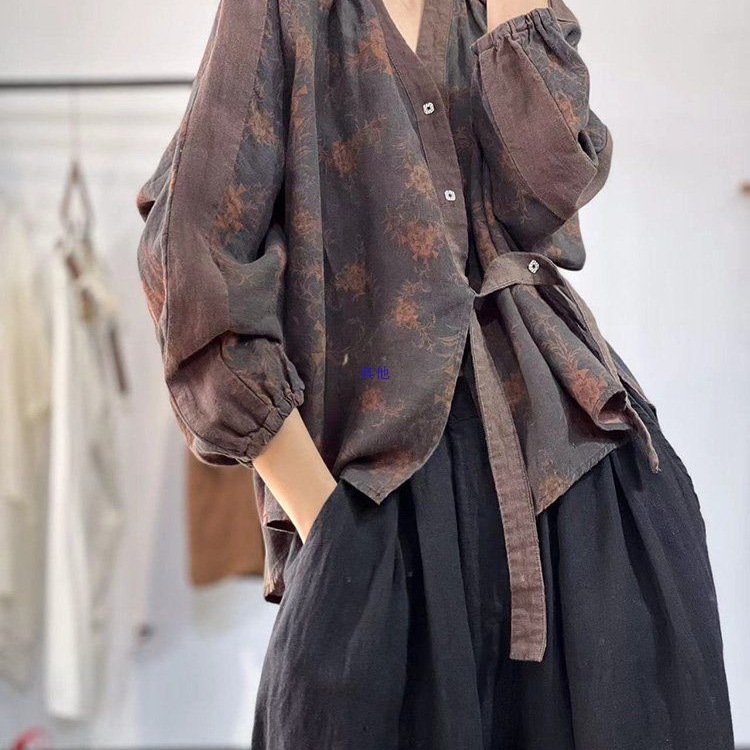 文艺棉麻印花衬衣女大码国风女装宽松领上衣女长袖民族风衬衫女