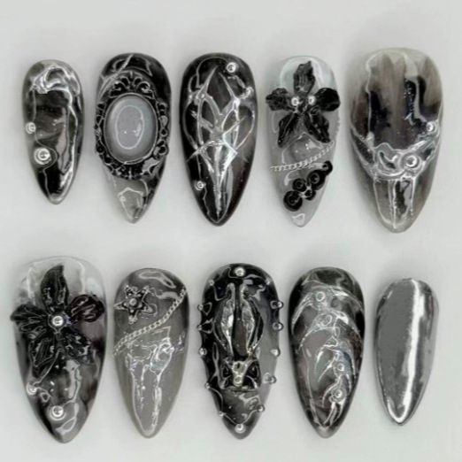 24 Pieces of Almond-Shaped Dark Gothic Style Flower Retro Finished Nail Art, Popular in Europe and America, Cross-Border Tk Hot-Selling Fake Nails