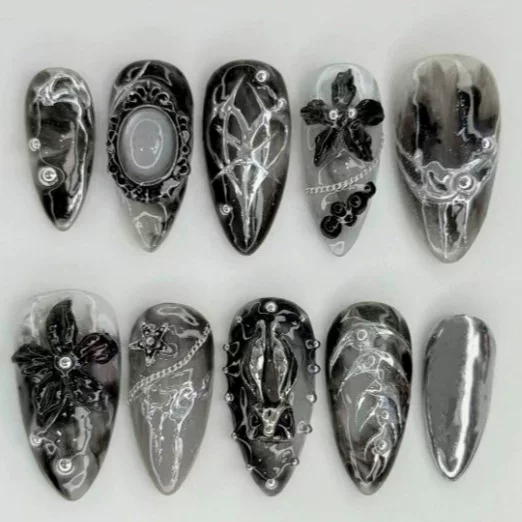 24 Pieces of Almond-Shaped Dark Gothic Style Flower Retro Finished Nail Art, Popular in Europe and America, Cross-Border Tk Hot-Selling Fake Nails