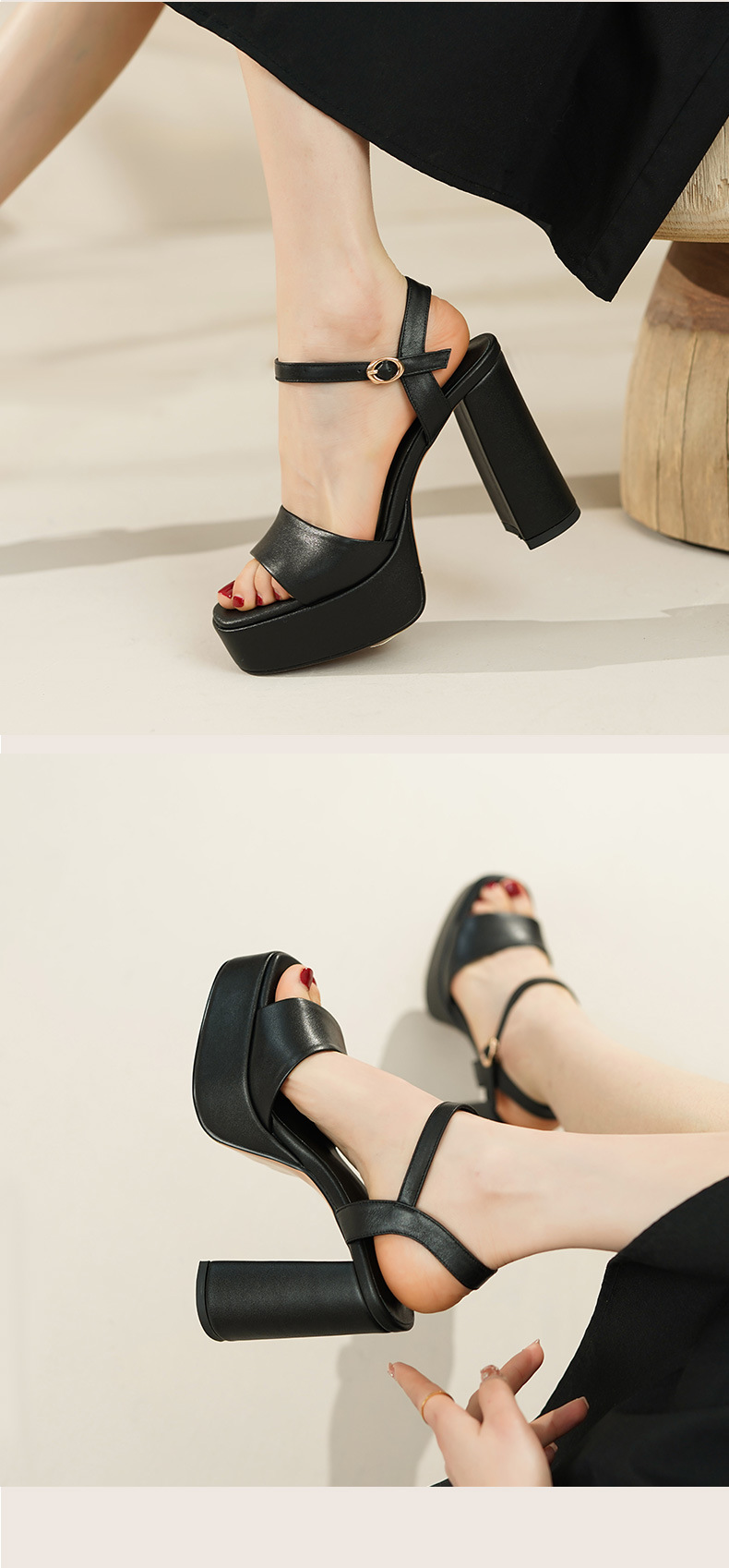 Sandal cao gót quai ngang da bò lớp đầu phong cách Âu Mỹ gót vuông 11 cm — Da lộn Cừu Đen [Chiều cao gót 10 cm] chi tiết 7