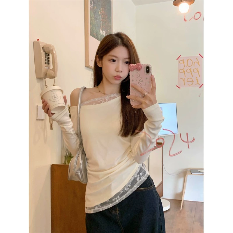 MR [Оригинальное качество] Поддельные две части кружева сшивания косой плечо с длинными рукавами женский осенний чистый дизайн