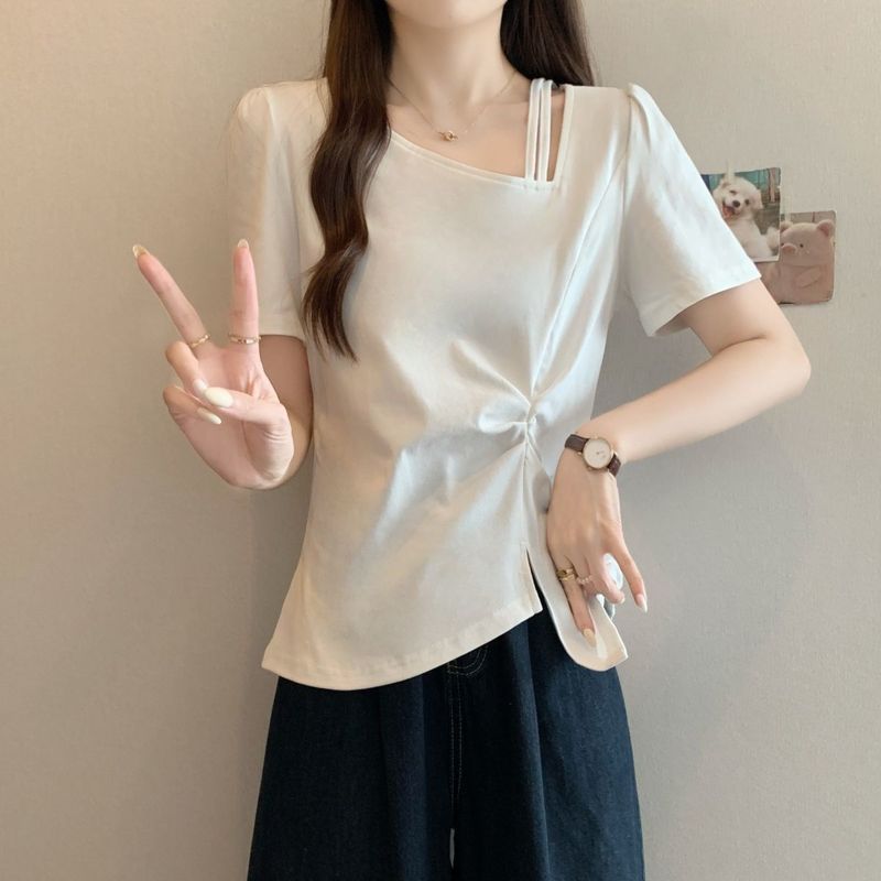 胖mm大码新款开叉不规则褶皱短袖t恤夏季纯棉显瘦体恤女上衣200斤|undefined
