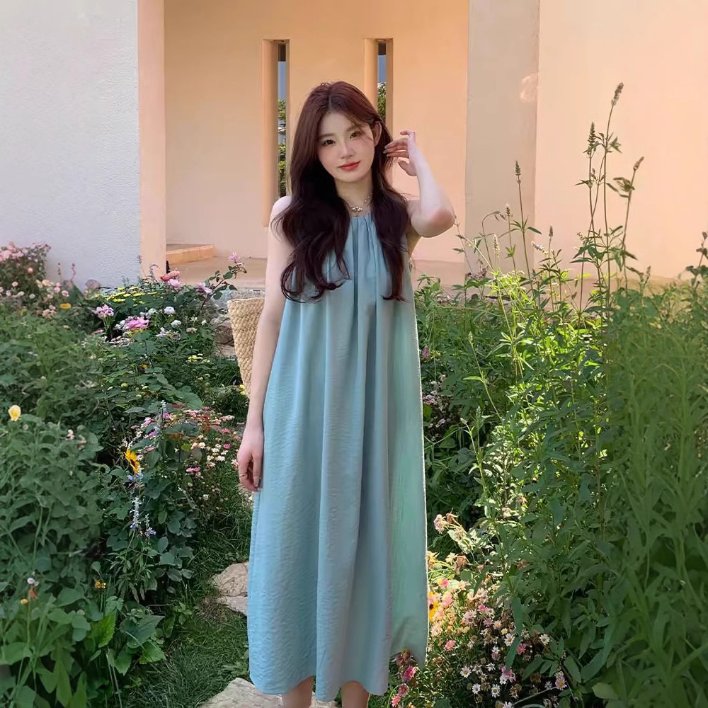일제 백리스 휴가 스트랩 민소매 조끼 원피스 여성 여름 디자인 틈새 느슨한 화이트 비치 롱 원피스