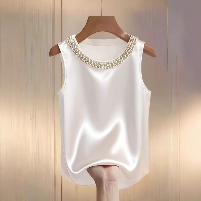 2026 Independent Site Wish Amazon Spring/Summer French-Style Pearl Round-Neck Satin Shirt T-Shirt Tank Top 2026 Independent Site Wish Amazon Spring/Summer French-Style Pearl Round-Neck Satin Shirt T-Shirt Tank Top