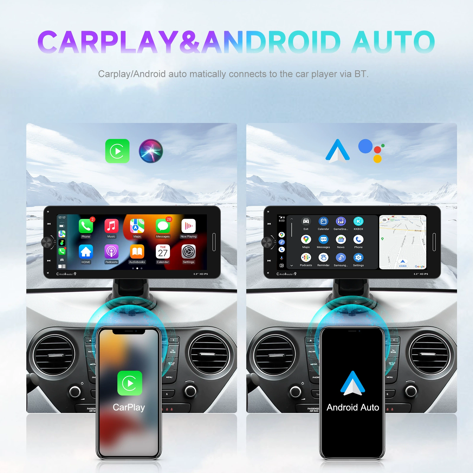Беспроводной CarPlay PND 6.9 дюйма — полно сенсорный плеер без камеры заднего вида, портативный автомобильный Bluetooth MP5-плеер
