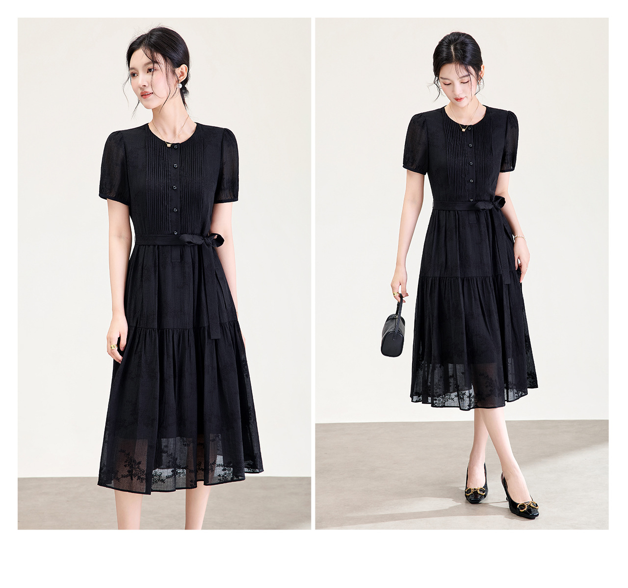 Váy maxi thêu hoa tay ngắn chất liệu tencel mềm mại — màu đen chi tiết 20
