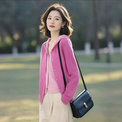 假两件拼接针织衫女装秋季粉色连帽开衫毛衣2025新款洋气长袖上衣