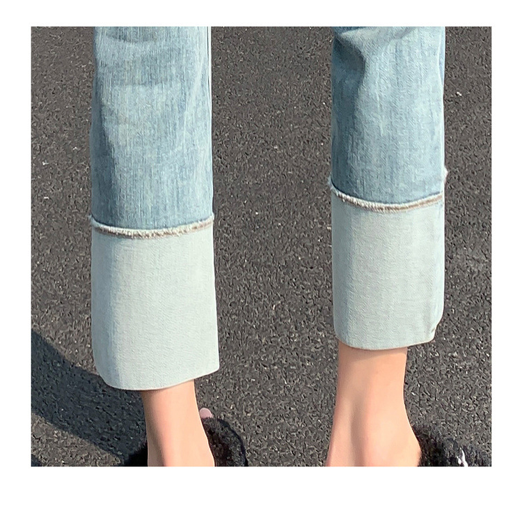 【中国直邮】HEY+JEANS 春季韩系翻边高腰显瘦九分裤 黑色 M