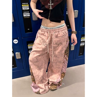YZ98 美式复古豹纹拼接阔腿裤女夏季宽松显瘦做旧抽绳休闲裤潮牌