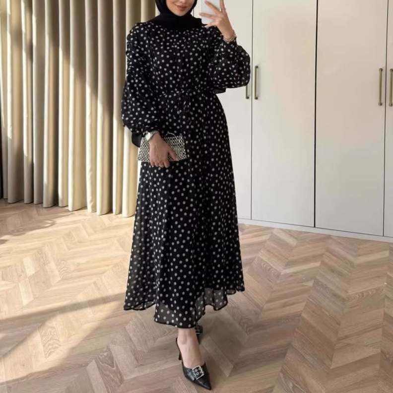 Cross-Border European and American 2026 Women's Spring and Autumn New Long Polka Dot Dress with Loose Puff Sleeves and Waist Belt