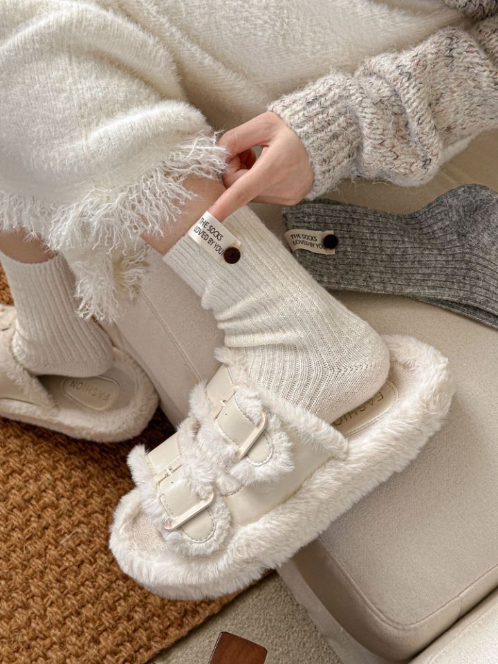 5shuang Button Wool Stockings Children's Medium Tube Socks Solid Color Thickened Warm Versatile Japanese Stacking Socks_voghion.com