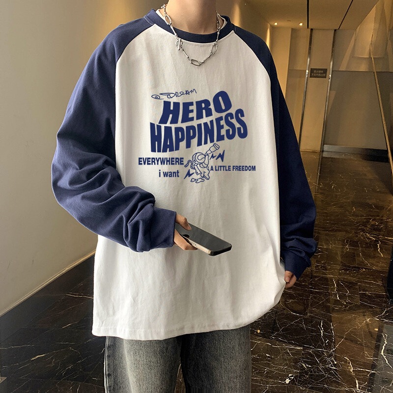 American-Style Casual Heavyweight Cotton Long-Sleeve T-Shirt for Men, Raglan Sleeves, Color-Blocking Sweatshirt, Oversized Student Base Shirt American-Style Casual Heavyweight Cotton Long-Sleeve T-Shirt for Men, Raglan Sleeves, Color-Blocking Sweatshirt, Oversized Student Base Shirt