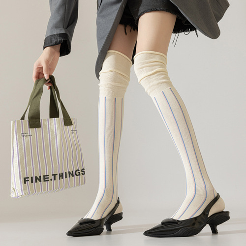 Loose mouth lazy style vertical striped stockings over the knee high stockings thin cotton slimming pile socks ins trendy women's socks