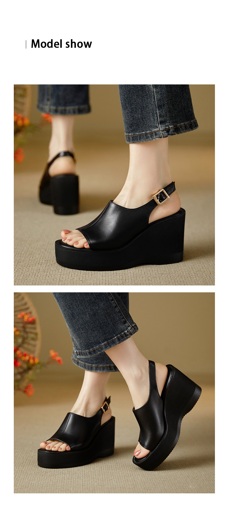 Sandal cao gót nữ mũi nhọn hở ngón, đế xuồng dày, quai một chữ, gót 9 cm — đen chi tiết 4
