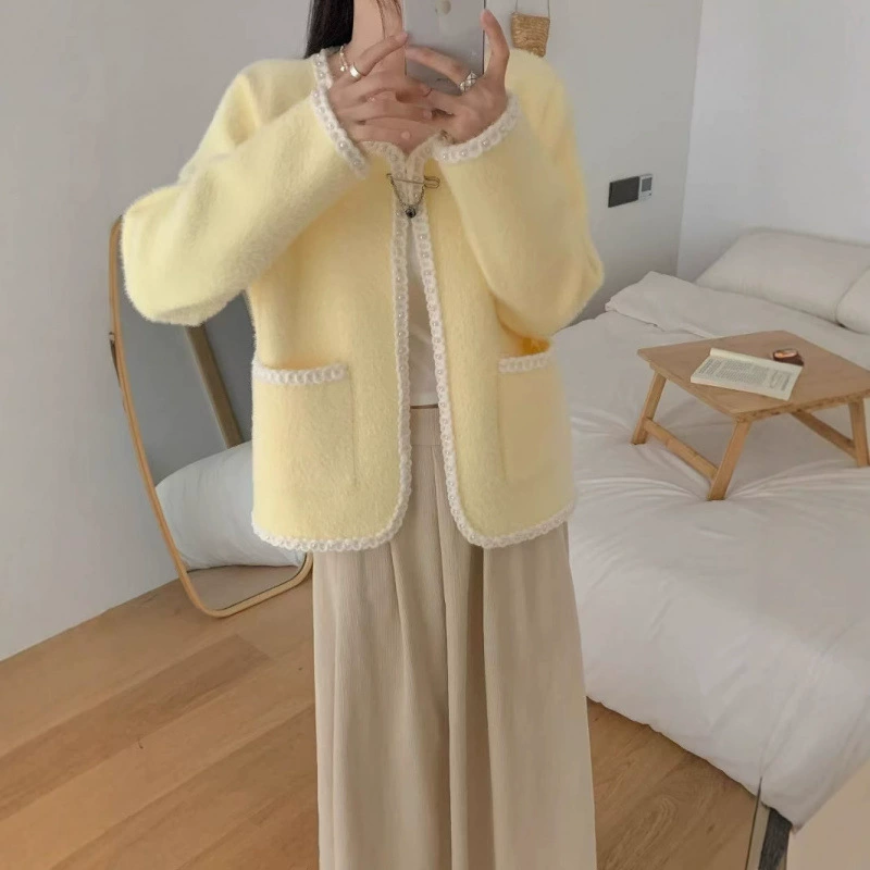 KANING Западная мода, белый вязаный кардиган с небольшим ароматом, женский осенне-зимний свитер 2021, новый ленивый стиль, куртка
